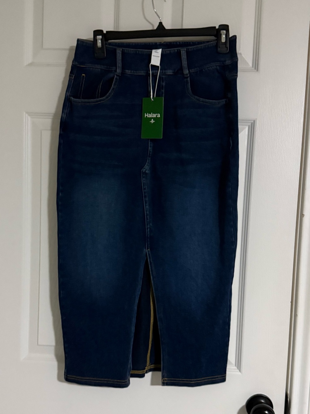 HALARA Dark Blue Denim Midi Pencil Skirt with Front Slit